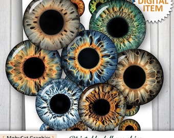 Printable Doll Eye chips Digital Collage Sheet 1.5 inch 1.25 inch 30mm 1 inch 25mm for Pendants, Blythe Dolls printable eyes