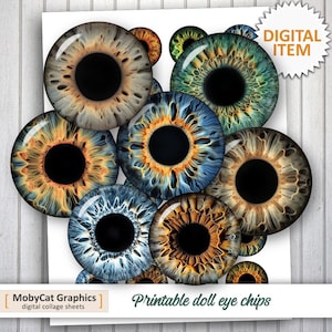 May include: Printable doll eye chips in various colours and sizes, including 1.5 inches, 1.25 inches, 30mm, 1 inch, and 25mm.