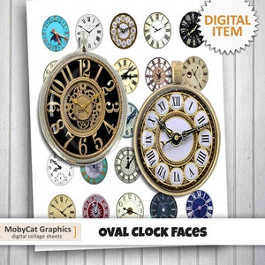 Peut inclure: Une feuille de collage numérique avec 20 faces de montres ovales. Les faces de montres sont de styles variés, notamment antique, vintage et moderne. La feuille est parfaite pour le scrapbooking, la fabrication de cartes et autres projets d'artisanat.