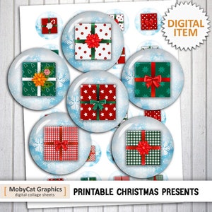 Printable Christmas Presents Digital Collage Sheet 20mm 25mm 30mm 1&quot; 1.5&quot; for Scrapbooking, Stickers, Bottle caps, Pendants