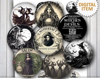 May include: A set of eight digital collage sheets featuring vintage illustrations of witches and witchcraft. The images include witches flying on broomsticks, witches brewing potions, and witches with cats. The images are in black and white with a vintage aesthetic. The images are perfect for scrapbooking, card making, and other craft projects.