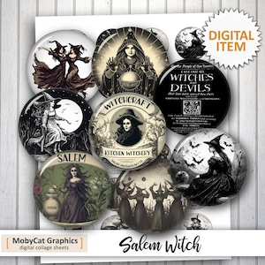 May include: A set of eight digital collage sheets featuring vintage illustrations of witches and witchcraft. The images include witches flying on broomsticks, witches brewing potions, and witches with cats. The images are in black and white with a vintage aesthetic. The images are perfect for scrapbooking, card making, and other craft projects.