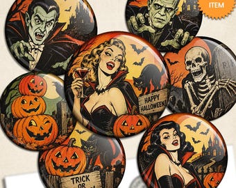 Vintage Halloween Collage Sheet, Retro Horror Ghosts Pin Up Vampires, Jack O Lantern Circle Images 1 Inch 25mm 30mm 20mm 1.5 inch