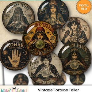 May include: A digital collage sheet featuring multiple circular designs of fortune tellers with crystal balls, tarot cards, and mystical symbols. Text includes 'Fortune Teller', 'Past Present Future', 'Your Destiny Awaits', and 'Zohar'. Sizes: 1.5", 30mm, 1", 25mm, 20mm.