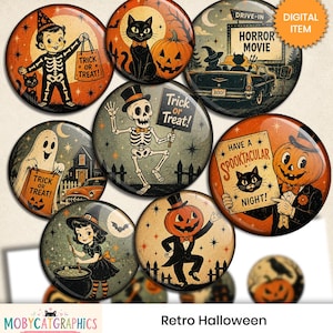 May include: A digital collage sheet featuring eight circular Halloween-themed illustrations with retro designs, including a skeleton, a black cat, a pumpkin-headed figure, and a ghost. Text includes Trick or Treat, Horror Movie, and Spooktacular Night.