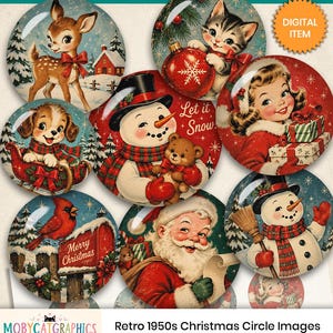 Puede incluir: Una hoja de collage digital con ilustraciones circulares de temática navideña que incluyen un cervatillo, un gatito con un adorno, un niño con regalos, un muñeco de nieve con un oso de peluche, un cardenal, Santa Claus y un muñeco de nieve.