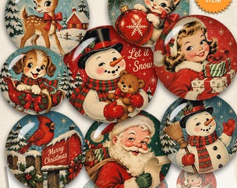 Retro 1950s Christmas Circle Images Digital Collage Sheet 1.5" 30mm 1" 25mm 20mm Printable Christmas Download