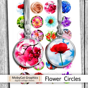 Printable Flower Circles 12mm 14mm 16mm 18mm for Jewelry making Cabochon Earrings Studs Digital Collage Sheet - Instant Download
