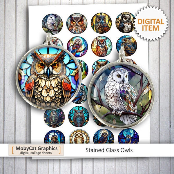 Stained Glass Owls Printable Download  20 mm 25 mm 30mm 1 inch 1.5 inch for Bottlecaps, Pendants, Magnets Digital Collage Sheet