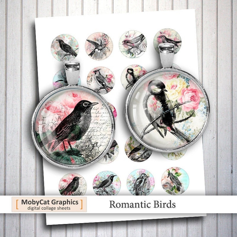 Romantic Birds 20mm 1 25mm 1.5 Printable Round Images Digital Cabochon Printable Cabochon Digital Collage Sheet