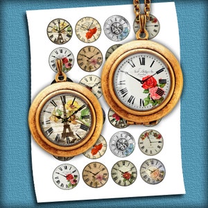 May include: A set of 16 round, gold-toned clock face stickers with various designs, including floral, Eiffel Tower, and Roman numeral clock faces. The stickers are perfect for crafting and decorating projects.