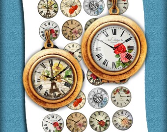 May include: A set of 16 round, gold-toned clock face stickers with various designs, including floral, Eiffel Tower, and Roman numeral clock faces. The stickers are perfect for crafting and decorating projects.