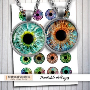 Digital Collage Sheets Printable Doll Eyes 10mm 12mm 14mm 16mm 18mm Round Images Eye pupils for jewelry, dolls