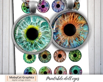 Printable Doll Eyes 20mm 25mm 30mm 1 inch 1.5 inch Round Images Eye pupils Digital Collage Sheets