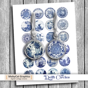 Delft Circles Digital Collage Sheet  20mm 18mm 16mm 14mm 12mm Printable Images Instant Download