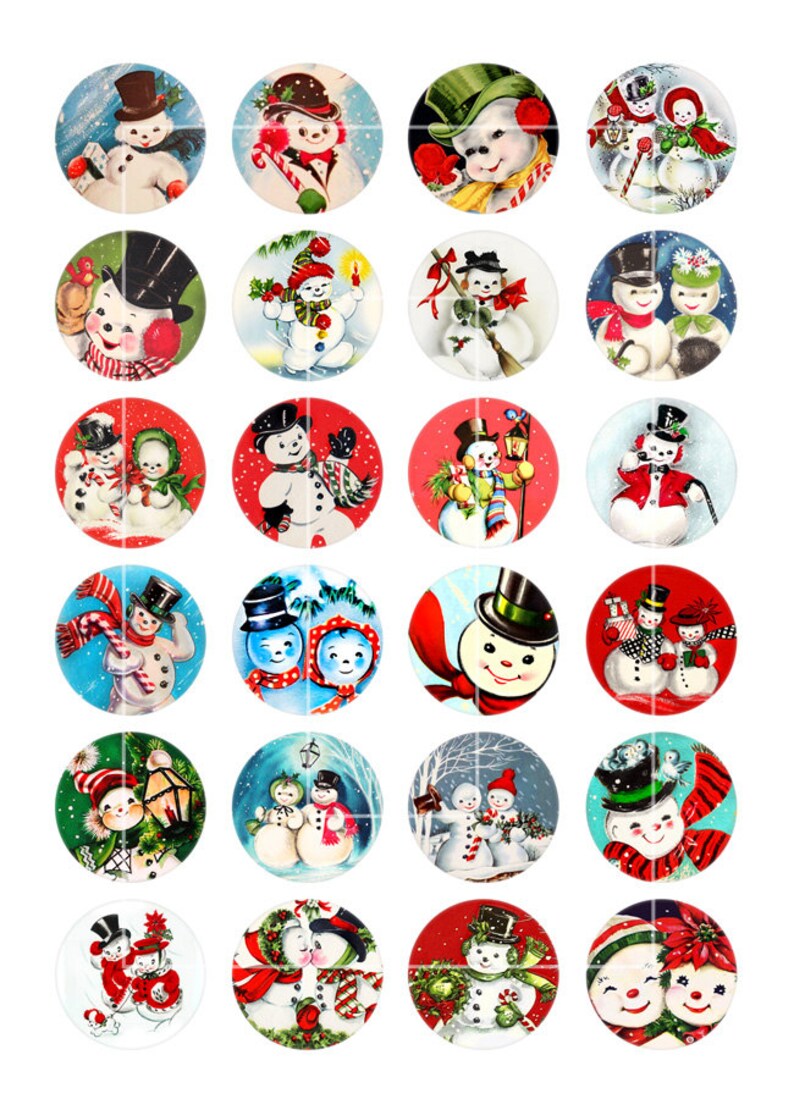 May include: A set of 24 vintage Christmas clipart images featuring snowmen in various poses and wearing different hats and accessories. The snowmen are depicted on a white background.
