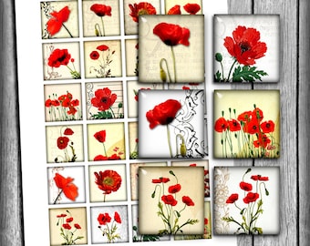Red Poppies Square Images 1x1 inch 1.5x1.5 inch 0.75x0.83 inch 20x20mm 15x15mm Printable images for Jewelry Making Digital Collage Sheet