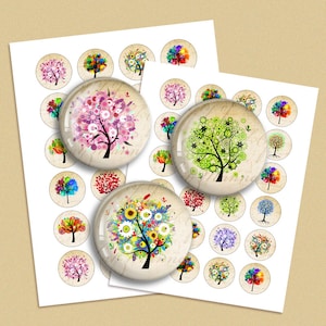 Colorful Trees Digital Collage Sheet  1.313 inch 1.5 inch  30mm 1 inch 25mm Circle images for Bottle caps, Pendants