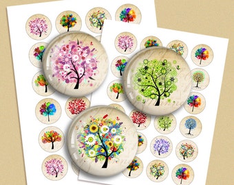 Colorful Trees Digital Collage Sheet  1.313 inch 1.5 inch  30mm 1 inch 25mm Circle images for Bottle caps, Pendants