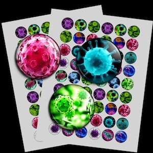 May include: Three round stickers with images of viruses. The stickers are printed with vibrant colors, including pink, blue, and green. The stickers are perfect for adding a unique touch to laptops, water bottles, or other surfaces.