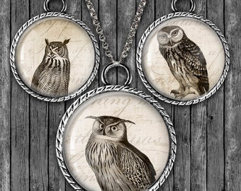 Vintage Owl Printable Images, Circle Pendant Collage Sheet (Digital Download)