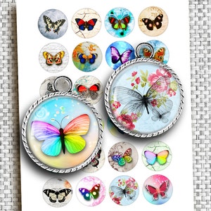 May include: A sheet of 16 round, colorful, printed paper circles with butterfly designs. The circles are approximately 1 inch in diameter. The butterflies are in various colors, including blue, green, red, yellow, and purple. Some of the butterflies have floral designs around them.