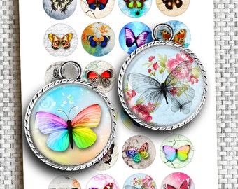 May include: A sheet of 16 round, colorful, printed paper circles with butterfly designs. The circles are approximately 1 inch in diameter. The butterflies are in various colors, including blue, green, red, yellow, and purple. Some of the butterflies have floral designs around them.