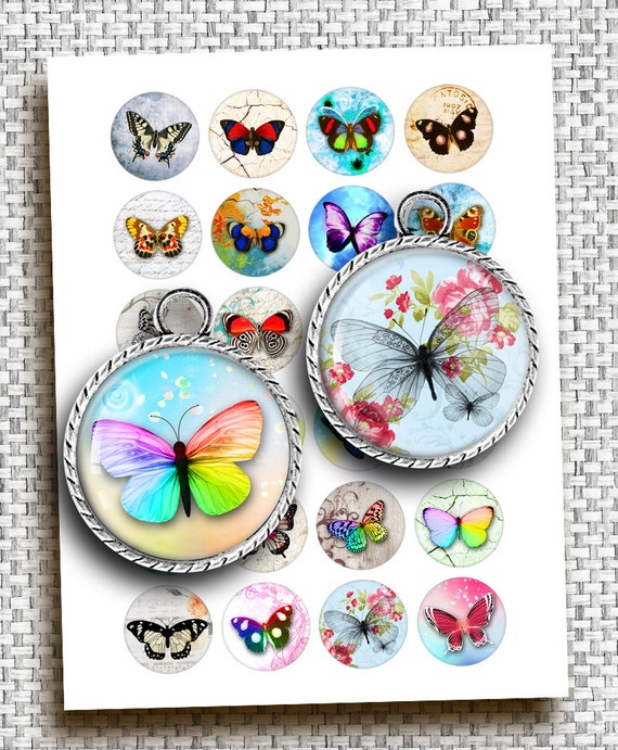 Colorful Butterflies 1 inch 1.5 inch 35mm 30mm 25mm Printable art images for Jewelry making Bottle caps Digital Collage Sheet