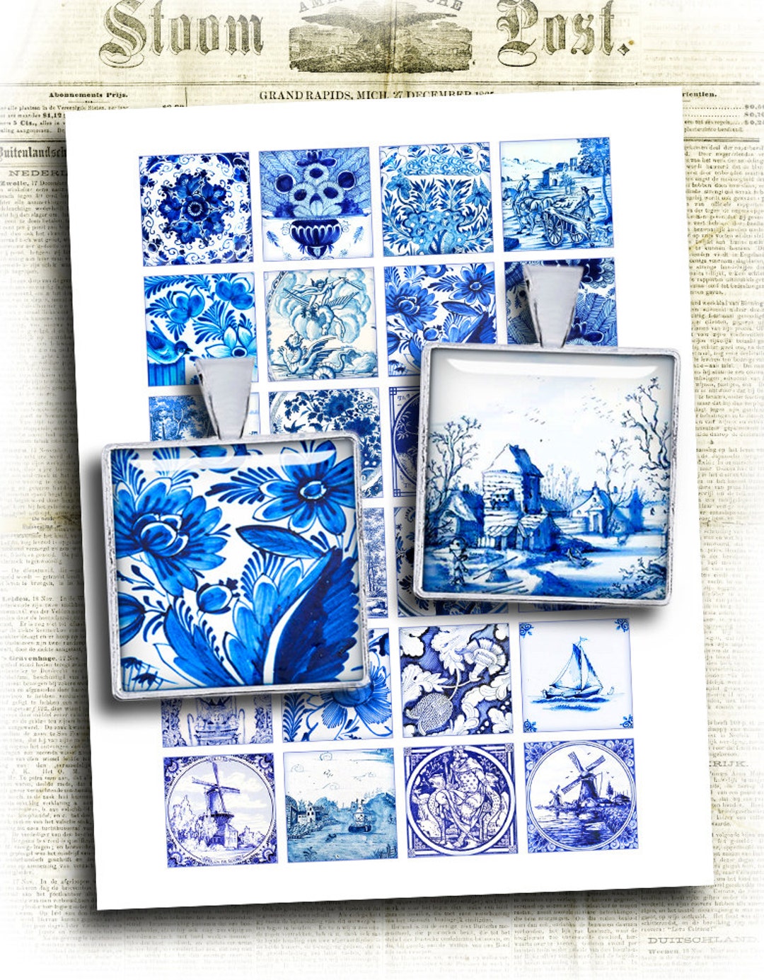 Delft Printable Squares 1.5" 1" 0.75x0.83" Digital Cabochon Images ...