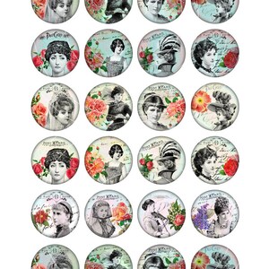 Digital Sheet Romantic Women Postcards 1", 20mm, 25mm, 1.5" Printable ...
