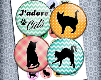 Cats Circles 1" 1.5" 18mm 16mm 25mm Cat Silhouettes Round Printable Images for Buttons, Bottle caps Pendants Digital Collage Sheet
