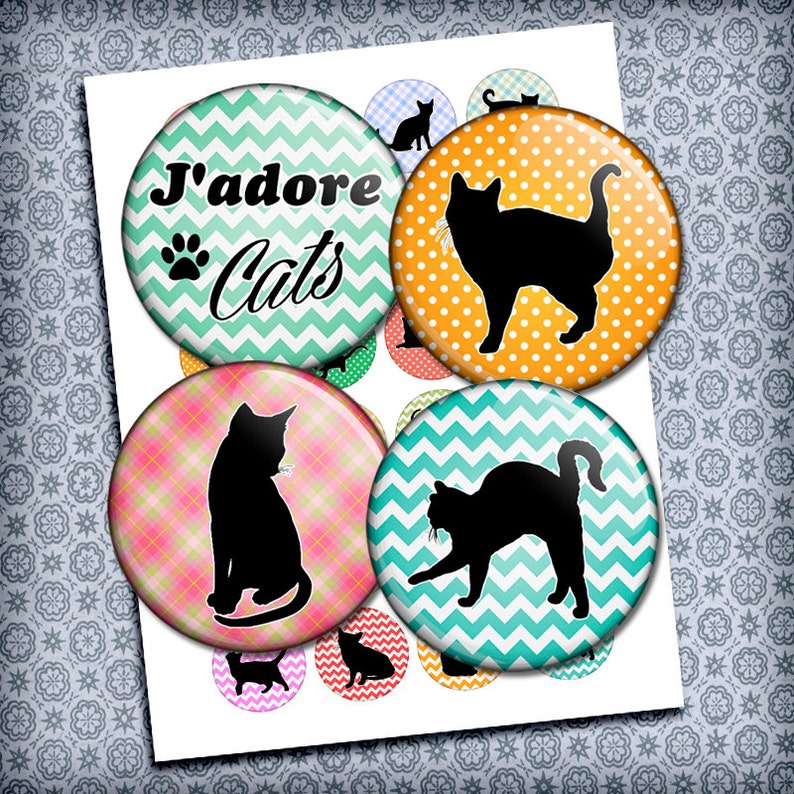 Cats Circles 1 1.5 18mm 16mm 25mm Cat Silhouettes Round Printable Images for Buttons, Bottle caps Pendants Digital Collage Sheet image 1