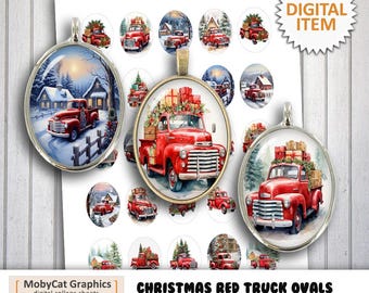 Digitalt collageark med röd jullastbil, 18 x 25 mm, 22 x 30 mm, 30 x 40 mm, utskrivbara ovala bilder för cabochoner