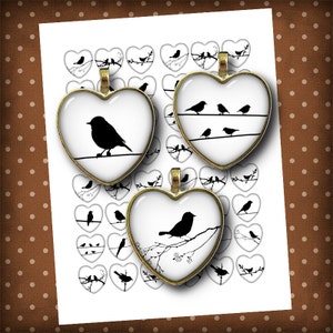 Uccelli su un filo - a forma di cuore immagini Digital Collage foglio Bird Silhouettes 1 pollici immagini per i pendenti di vetro - Download immediato