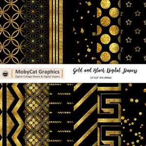 Gold and Black Digital Papers  12&quot;x12&quot; Elegant Digital Papers for Backgrounds Art Journals Instant Download