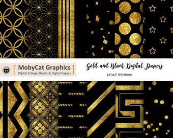 Gold and Black Digital Papers  12"x12" Elegant Digital Papers for Backgrounds Art Journals Instant Download