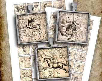 Ancient Celestial Maps Digital Collage Sheet 1.5 inch, 1 inch Square Images Printable Images Instant Download