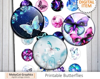 Printable Butterflies Digital Collage Sheet 20mm 25mm 1 inch 30mm 1.5 inch Bottle cap Images Digital Cabochon Printable