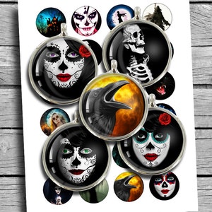 Day of the Dead Halloween Printable round images 20mm 25mm 1&quot;  1.5&quot; Sugar Skulls for Bottle caps Pendants Digital Collage Sheets