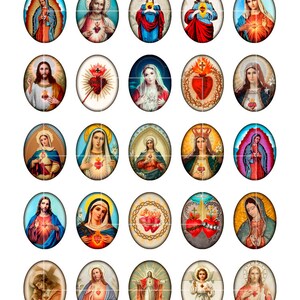 May include: Twenty-four oval-shaped images featuring religious figures with hearts. The images are in a variety of colors, including red, blue, yellow, and green. The figures are depicted with their hands clasped in prayer, holding a heart, or with a crown on their head.