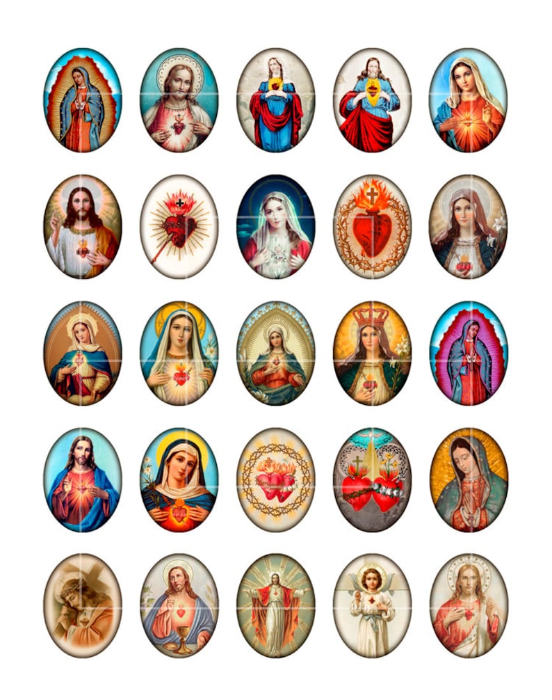 May include: Twenty-four oval-shaped images featuring religious figures with hearts. The images are in a variety of colors, including red, blue, yellow, and green. The figures are depicted with their hands clasped in prayer, holding a heart, or with a crown on their head.