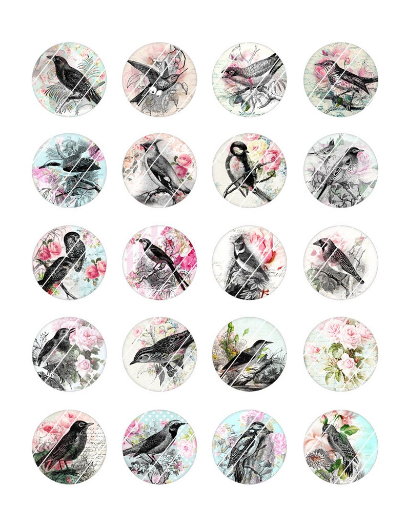 Romantic Birds 20mm 1 25mm 1.5 Printable Round Images Digital Cabochon Printable Cabochon Digital Collage Sheet