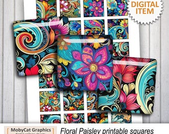 Digitalt collageark med blommigt paisleymönster – utskrivbart och nedladdningsbart – kvadratiska storlekar 2,5 cm, 3,5 cm – hög upplösning för smycken och hantverk