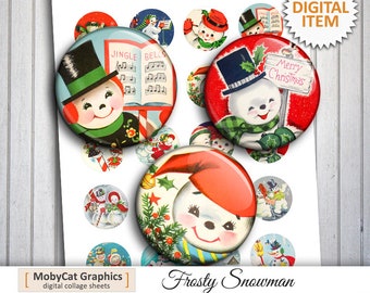 Frosty Retro Snowman 1 inch 20mm 25mm 30mm 1.5 inch 2.25 inch Round images for Scrapbooking Planner Stickers Magnets Digital Collage Sheet