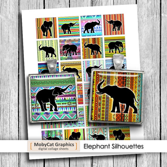Elephant Silhouettes Square Images 1x1" 1.5x1.5" Elephant Printable Images for Cabochons Bezels Digital Collage Sheet - Instant download