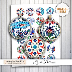 May include: A set of 16 digital collage sheets featuring Iznik patterns. The patterns are in shades of blue, red, green, and white on a white background. The patterns are inspired by traditional Turkish ceramics.