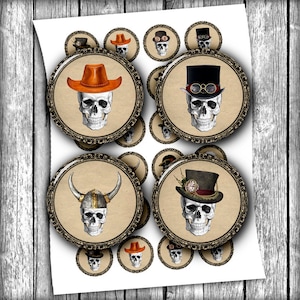 May include: Twelve round, printable cupcake toppers featuring various skull designs with different hats. The skulls are white with black eyes and a black mouth. The hats include a cowboy hat, a top hat, a viking helmet, and a steampunk-style hat.