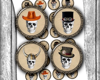 Steampunk Skulls Printable Circle Images for Pendants, Scrapbooking (Digital Download)