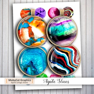 Puede incluir: Seis rodajas redondas de ágata con marcos de metal dorado. Las rodajas de ágata presentan varios patrones coloridos, incluyendo azul, verde, rojo, naranja y morado.