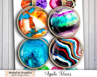 May include: Six round agate slices with gold-toned metal frames. The agate slices feature various colorful patterns, including blue, green, red, orange, and purple.